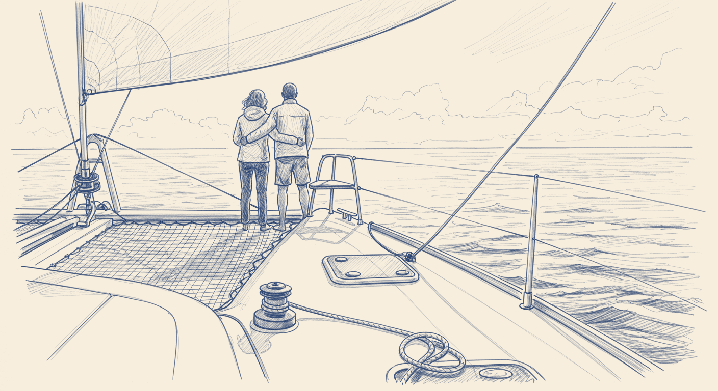 Pen-and-ink sketch of a couple standing arm in arm on the foredeck of a sailing yacht, looking out over open water