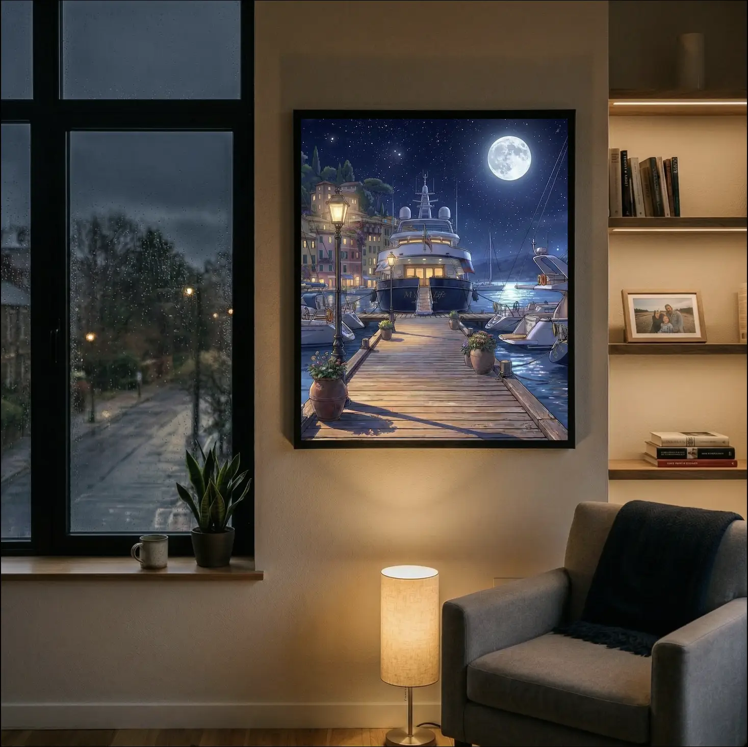 A quiet living room at night: rain on the window, a reading lamp beside an armchair — and on the wall, one framed painting in full color of a moonlit Mediterranean marina.